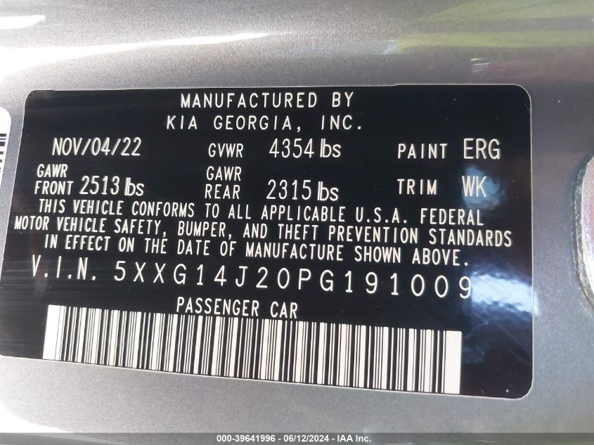 2023 Kia K5 Lxs VIN: 5XXG14J20PG191009 Lot: 39641996