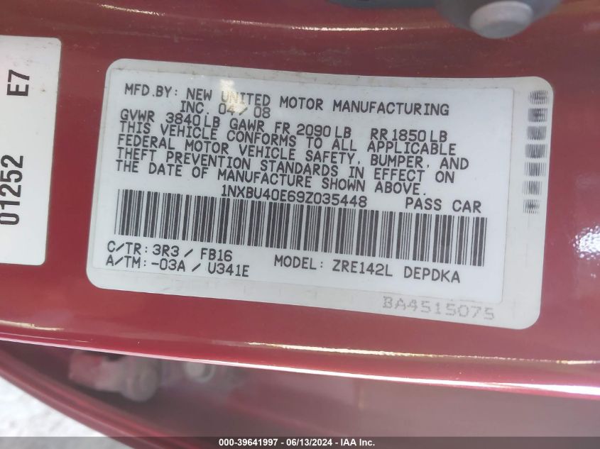 2009 Toyota Corolla VIN: 1NXBU40E69Z035448 Lot: 39641997