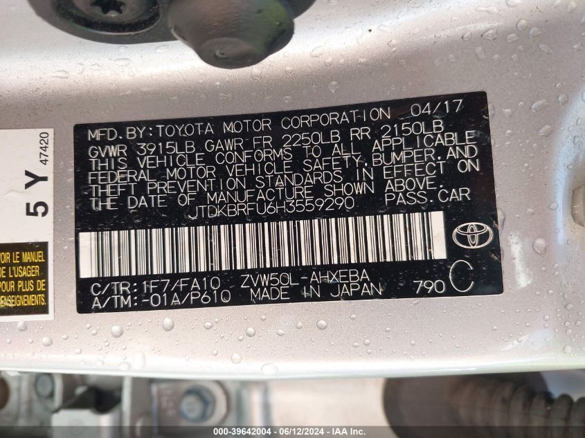 2017 Toyota Prius Two VIN: JTDKBRFU6H3559290 Lot: 39642004