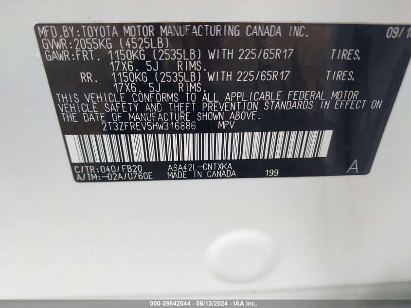 2017 Toyota Rav4 Le VIN: 2T3ZFREV5HW316886 Lot: 39642044