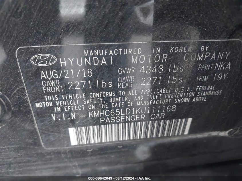 2019 Hyundai Ioniq Plug-In Hybrid VIN: KMHC65LD1KU111168 Lot: 39642049