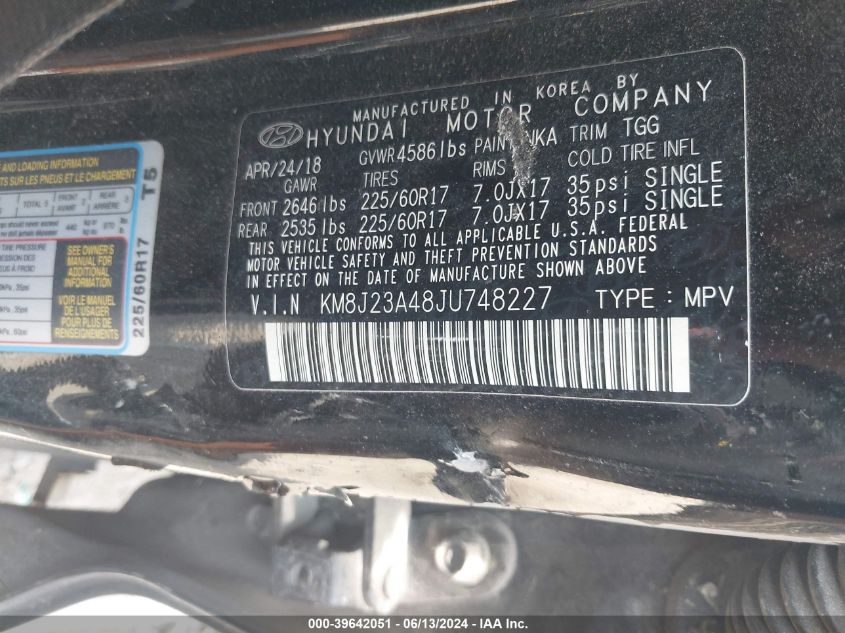 KM8J23A48JU748227 2018 Hyundai Tucson Se