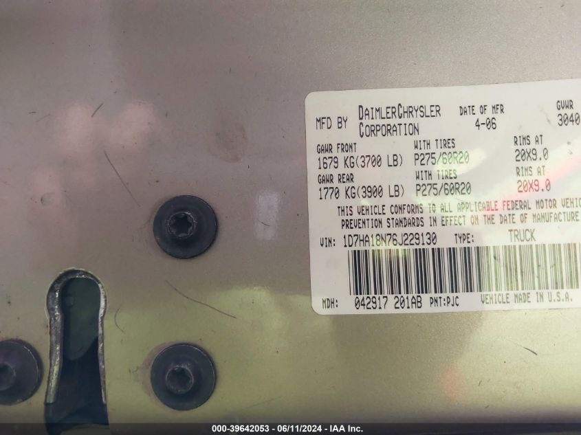 2006 Dodge Ram 1500 Slt VIN: 1D7HA18N76J229130 Lot: 39642053