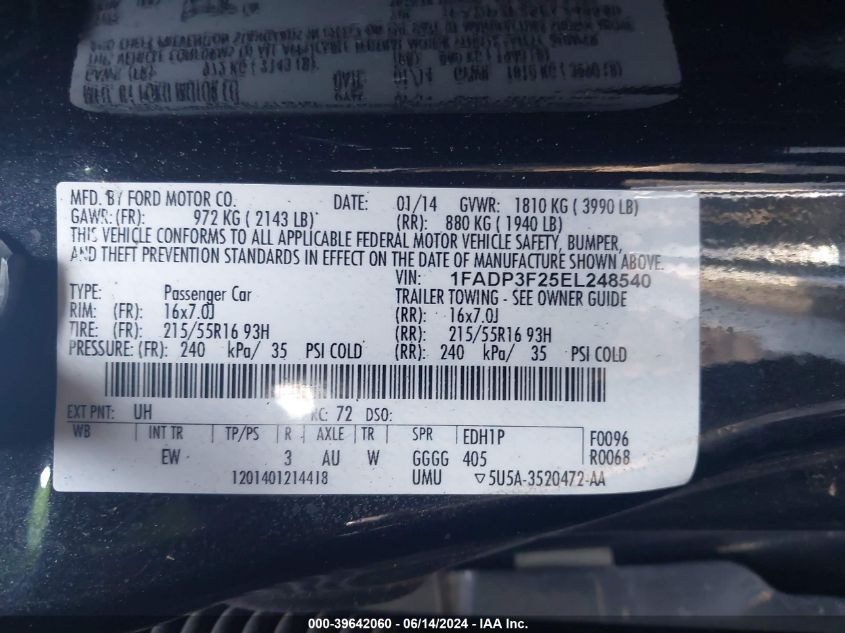 2014 Ford Focus Se VIN: 1FADP3F25EL248540 Lot: 39642060