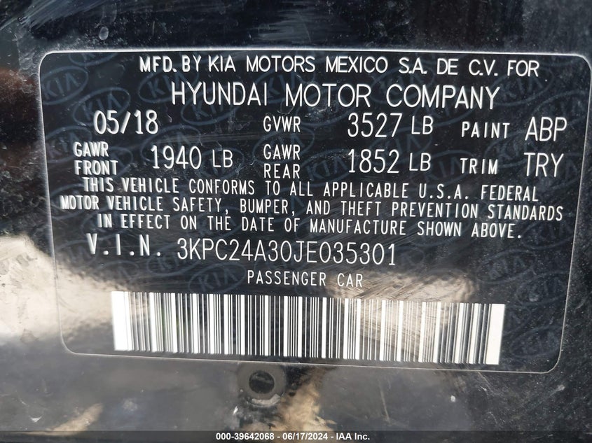 2018 Hyundai Accent Se VIN: 3KPC24A30JE035301 Lot: 39642068
