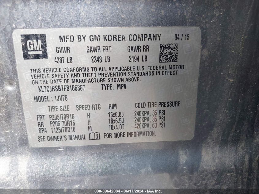 2015 Chevrolet Trax Lt VIN: KL7CJRSB7FB186367 Lot: 39642084