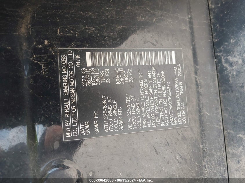 2016 Nissan Rogue Sv VIN: KNMAT2MVXGP694372 Lot: 39642086