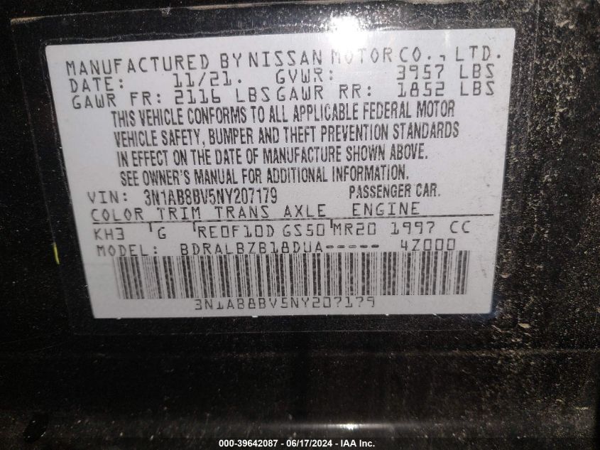 2022 Nissan Sentra S Xtronic Cvt VIN: 3N1AB8BV5NY207179 Lot: 39642087