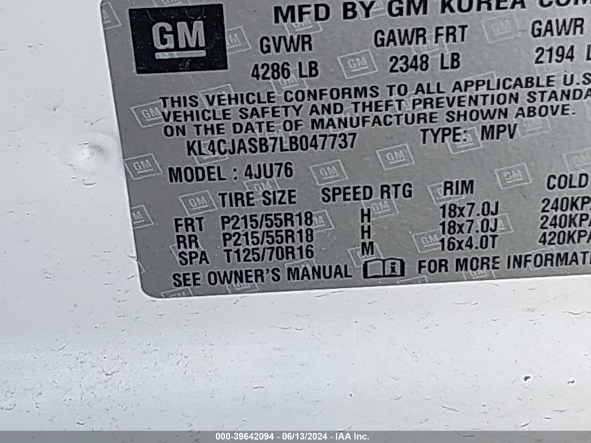 2020 Buick Encore Fwd Preferred VIN: KL4CJASB7LB047737 Lot: 39642094