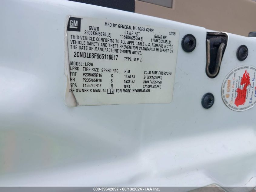 2006 Chevrolet Equinox Lt VIN: 2CNDL63F666110817 Lot: 39642097