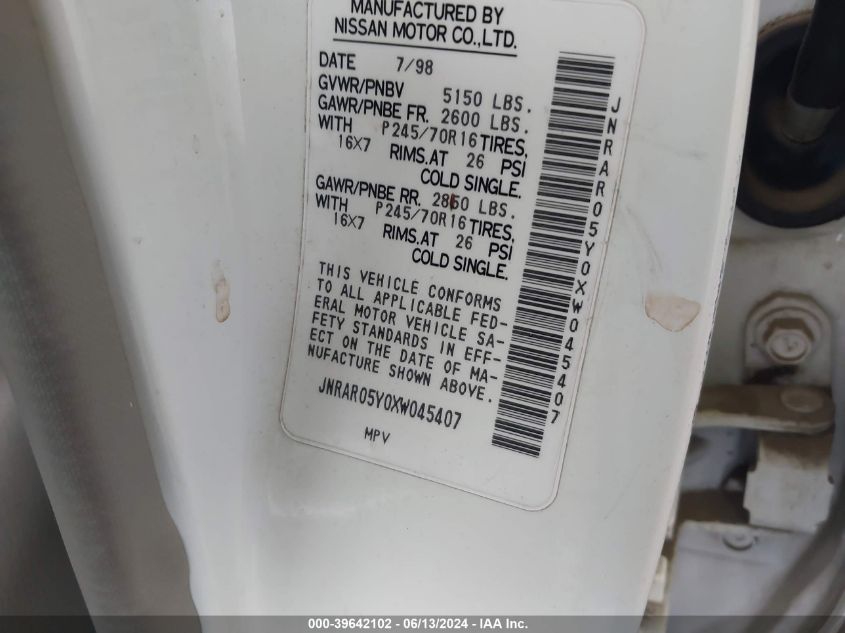 1999 Infiniti Qx4 VIN: JNRAR05Y0XW045407 Lot: 39642102