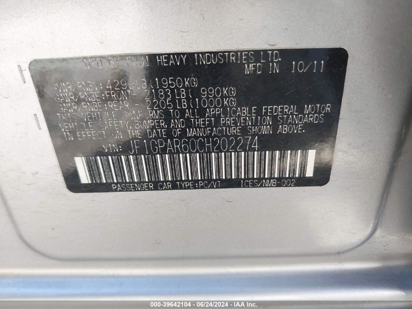 2012 Subaru Impreza 2.0I Sport Limited VIN: JF1GPAR60CH202274 Lot: 39642104