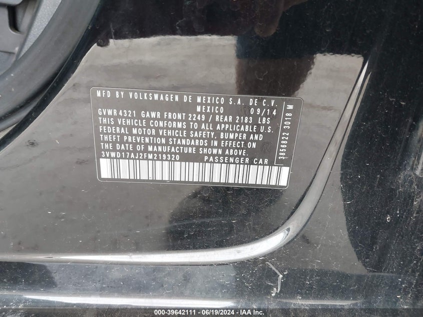 2015 Volkswagen Jetta 1.8T Sport VIN: 3VWD17AJ2FM219320 Lot: 39642111