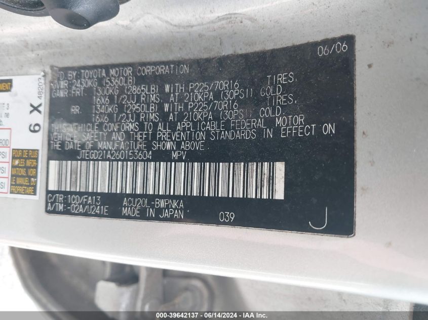 2006 Toyota Highlander VIN: JTEGD21A260153604 Lot: 39642137