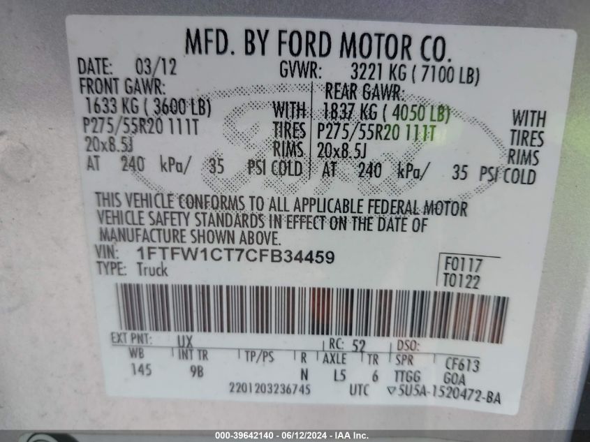 2012 Ford F-150 Platinum VIN: 1FTFW1CT7CFB34459 Lot: 39642140