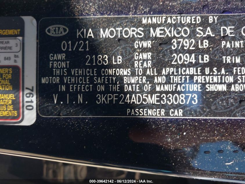 2021 Kia Forte Lxs VIN: 3KPF24AD5ME330873 Lot: 39642142
