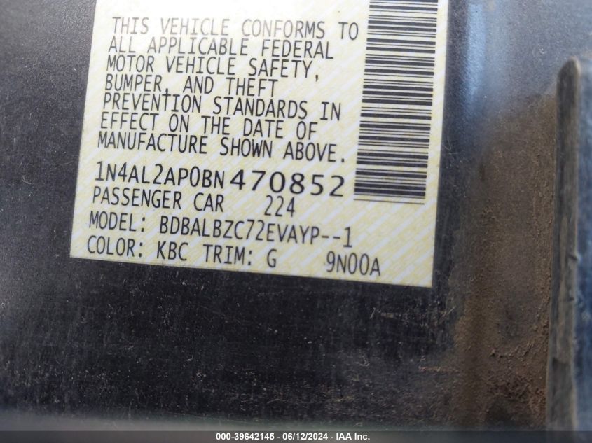 2011 Nissan Altima 2.5 S VIN: 1N4AL2AP0BN470852 Lot: 39642145