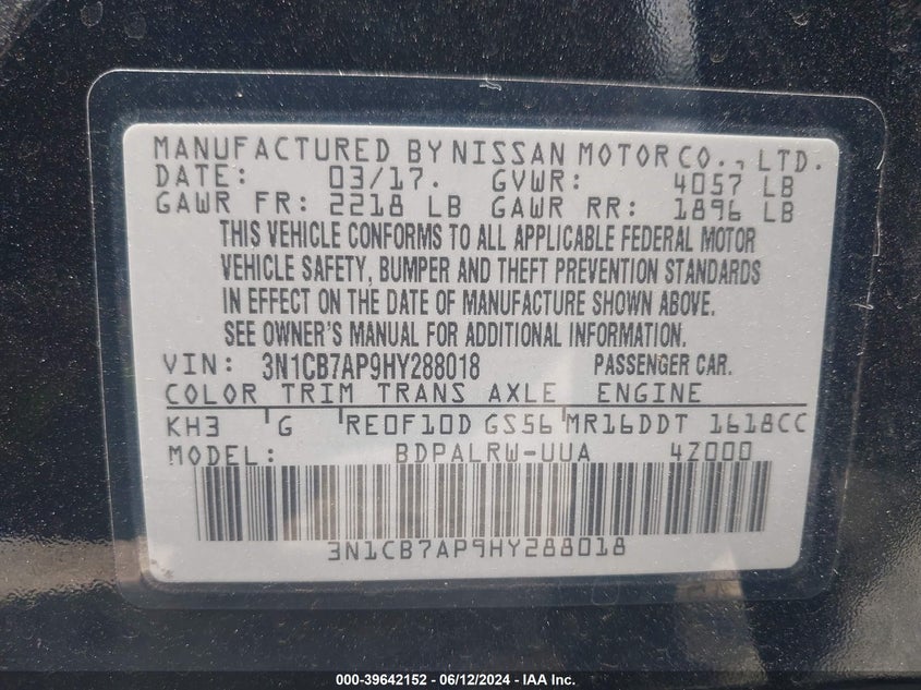 2017 Nissan Sentra Sr Turbo VIN: 3N1CB7AP9HY288018 Lot: 39642152