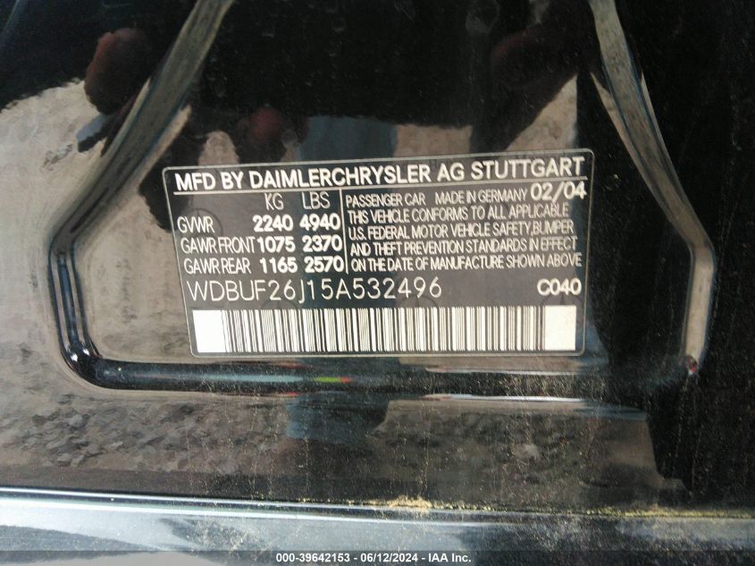 2005 Mercedes-Benz E 320 Cdi VIN: WDBUF26J15A532496 Lot: 39642153