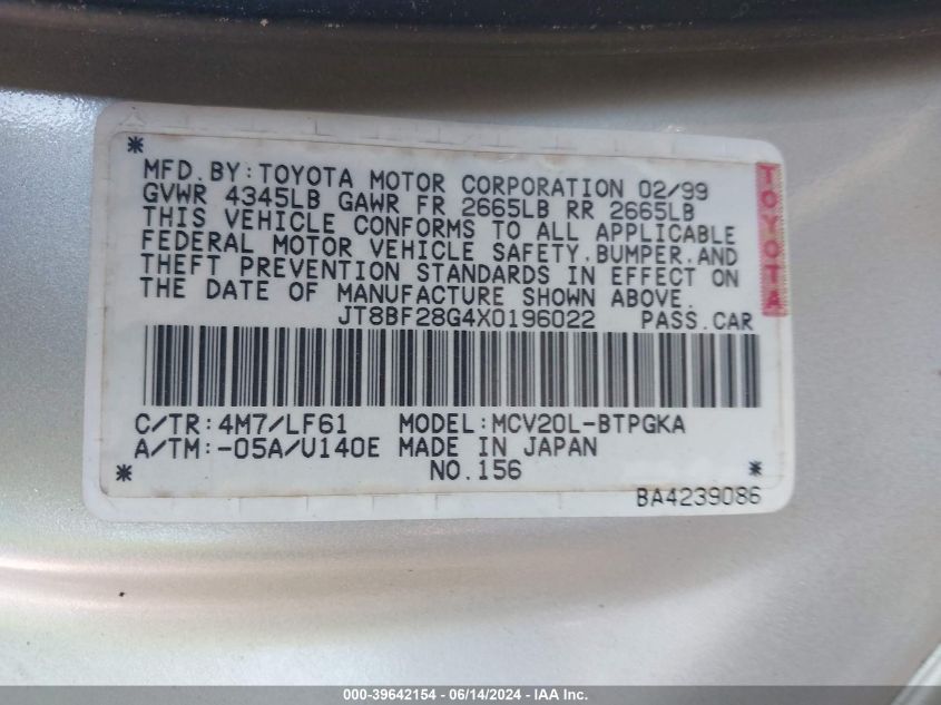 1999 Lexus Es 300 VIN: JT8BF28G4X0196022 Lot: 39642154