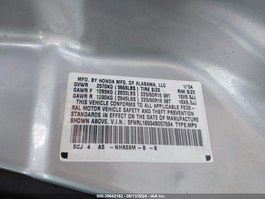 2004 Honda Odyssey Ex-L VIN: 5FNRL18934B057694 Lot: 39642162