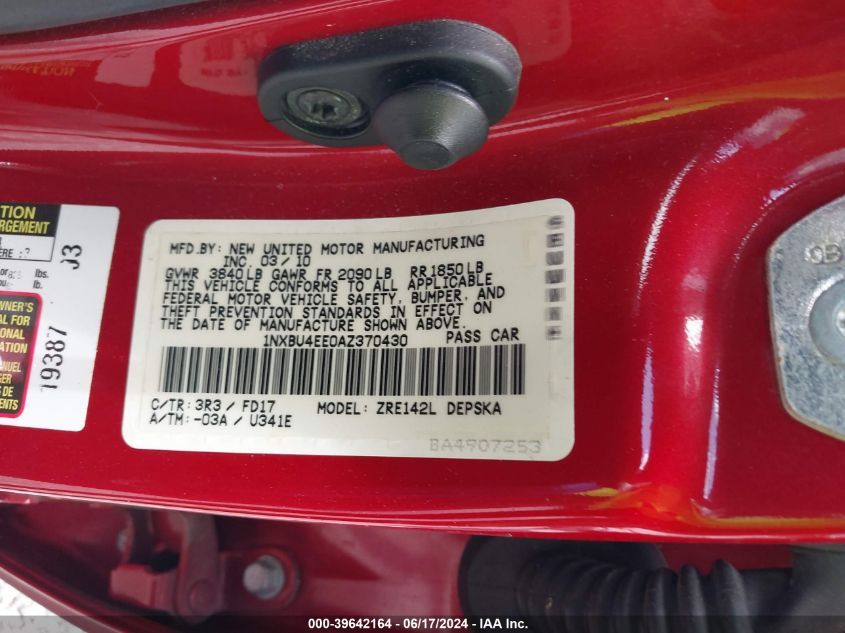 2010 Toyota Corolla S VIN: 1NXBU4EE0AZ370430 Lot: 39642164