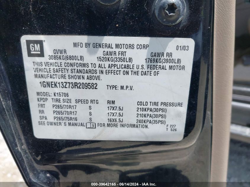 2003 Chevrolet Tahoe Z71 VIN: 1GNEK13Z73R209582 Lot: 39642165