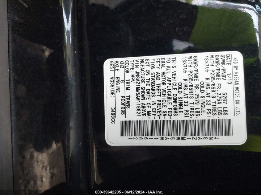 2010 Nissan Murano Sl VIN: JN8AZ1MW5AW116621 Lot: 39642205