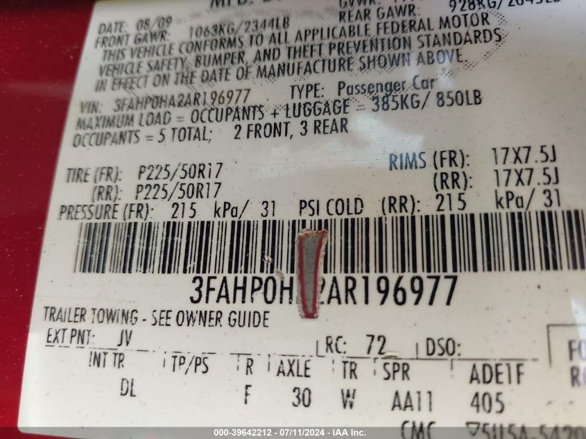 2010 Ford Fusion Se VIN: 3FAHP0HA2AR196977 Lot: 39642212