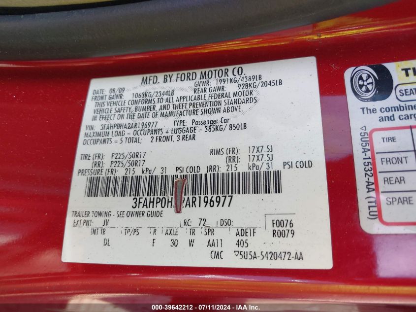 2010 Ford Fusion Se VIN: 3FAHP0HA2AR196977 Lot: 39642212