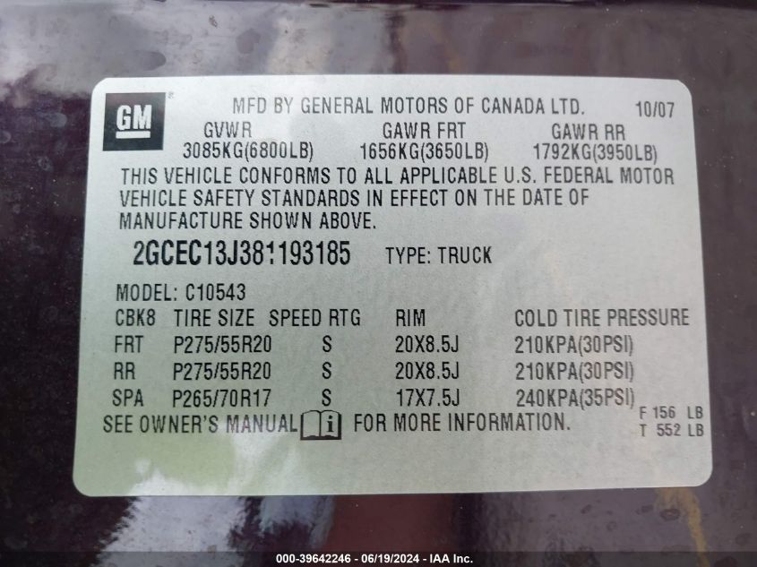 2008 Chevrolet Silverado 1500 Lt1 VIN: 2GCEC13J381193185 Lot: 39642246