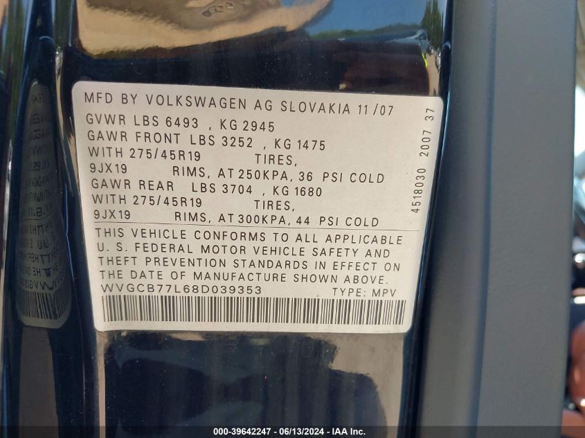 2008 Volkswagen Touareg 2 V8 Fsi VIN: WVGCB77L68D039353 Lot: 39642247