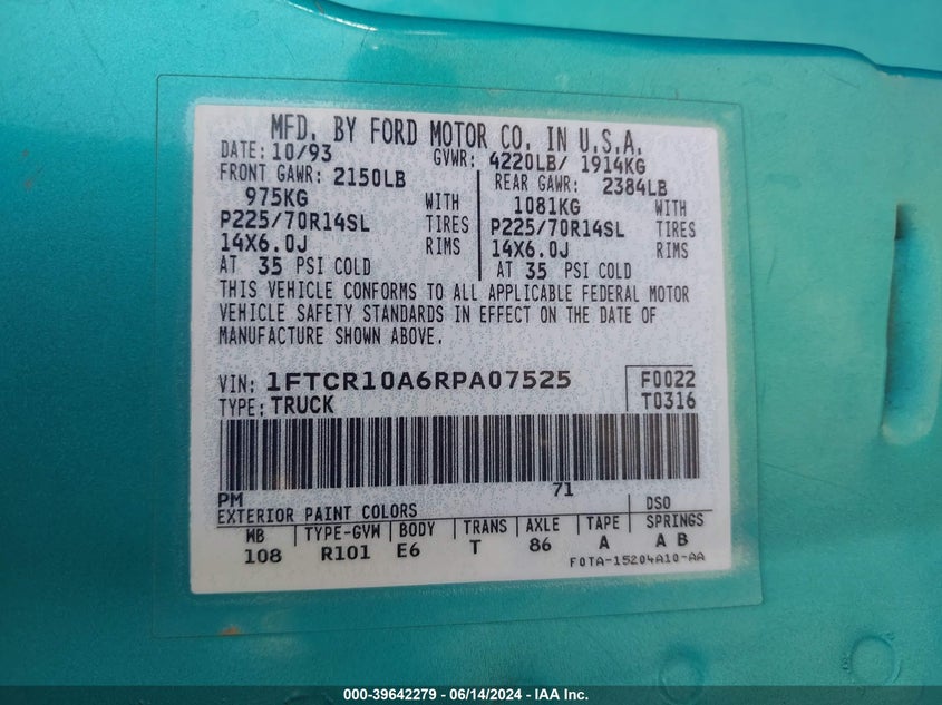 1994 Ford Ranger VIN: 1FTCR10A6RPA07525 Lot: 39642279