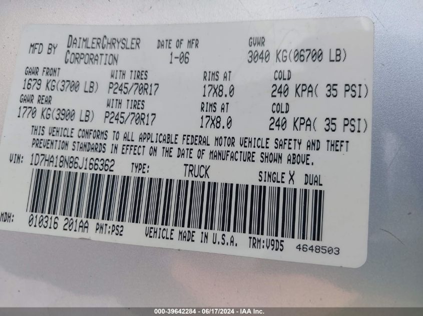 2006 Dodge Ram 1500 Slt VIN: 1D7HA18N86J166362 Lot: 39642284
