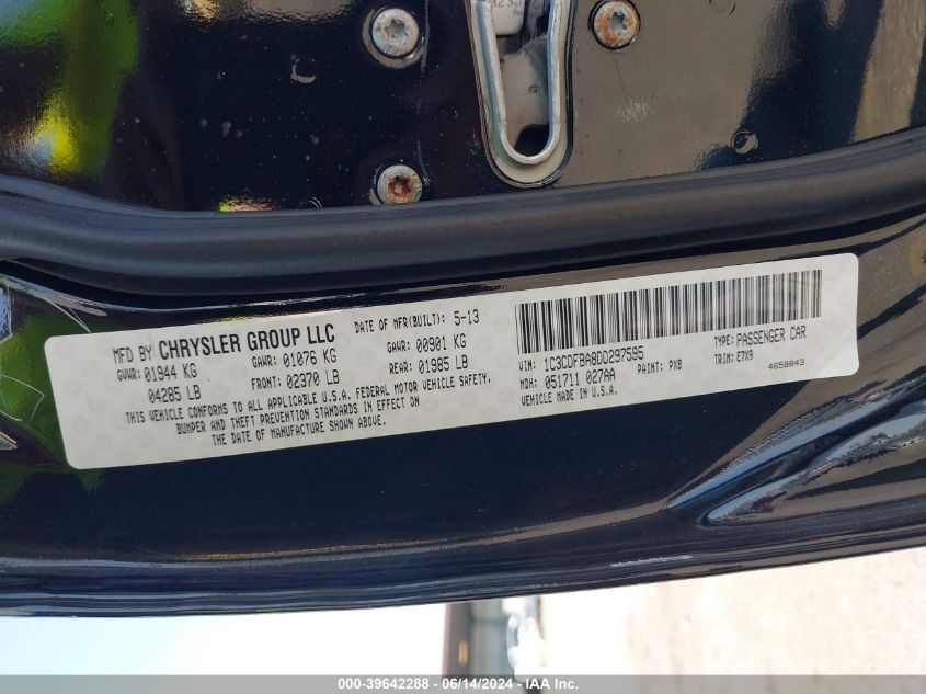 2013 Dodge Dart Sxt VIN: 1C3CDFBA8DD297595 Lot: 39642288