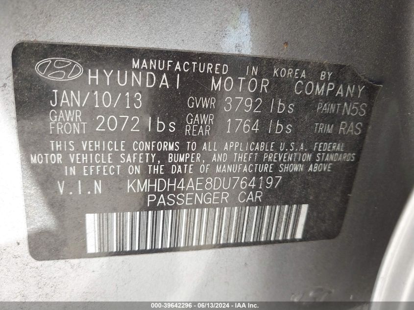 2013 Hyundai Elantra Gls VIN: KMHDH4AE8DU764197 Lot: 39642296