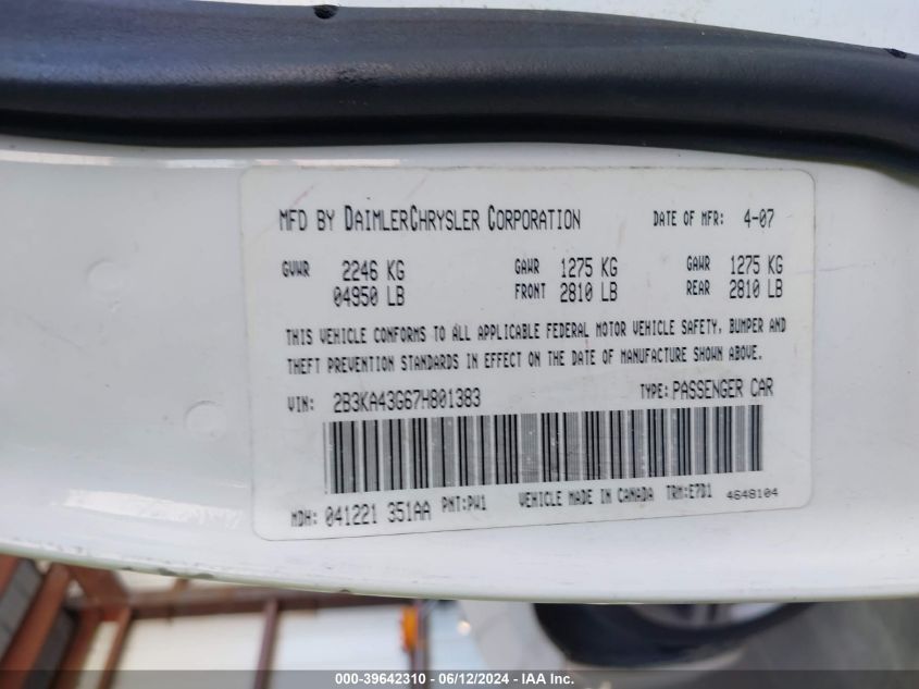 2007 Dodge Charger VIN: 2B3KA43G67H801383 Lot: 39642310