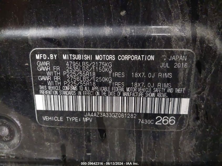 2016 Mitsubishi Outlander Sel VIN: JA4AZ3A33GZ061282 Lot: 39642316