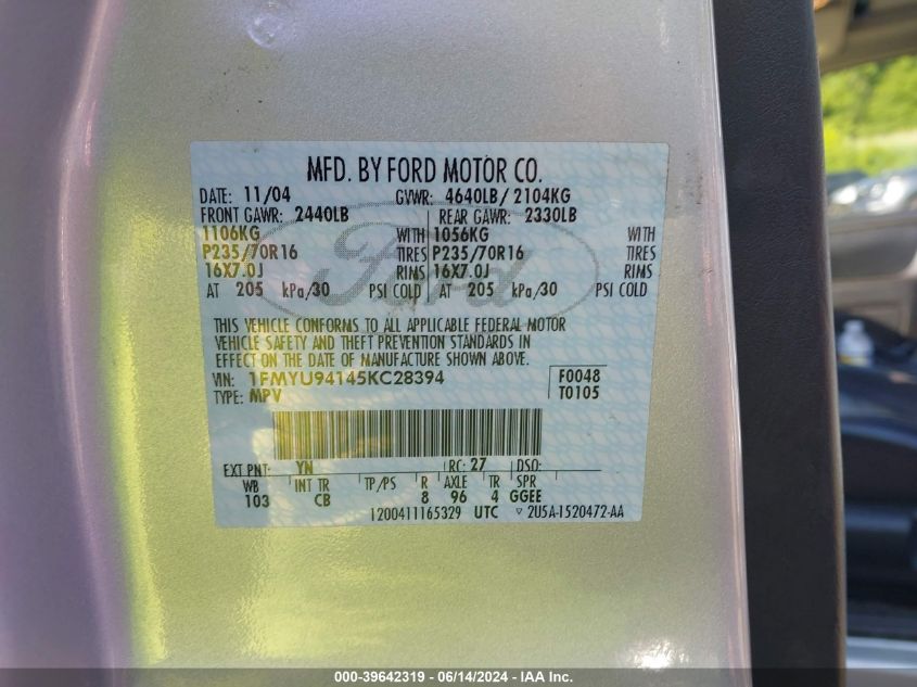 2005 Ford Escape Limited VIN: 1FMYU94145KC28394 Lot: 39642319