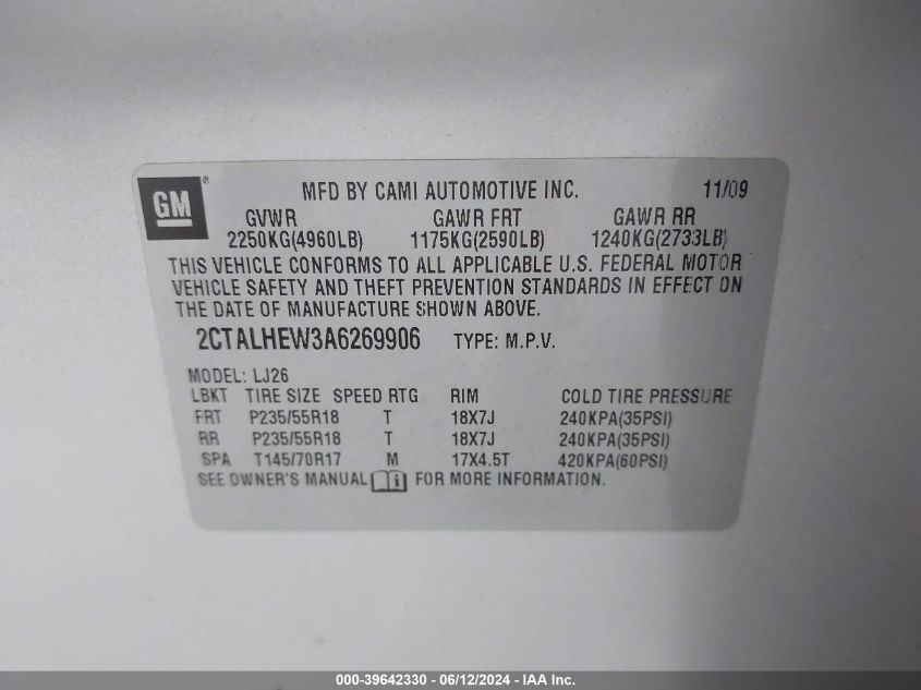 2010 GMC Terrain Slt-2 VIN: 2CTALHEW3A6269906 Lot: 39642330