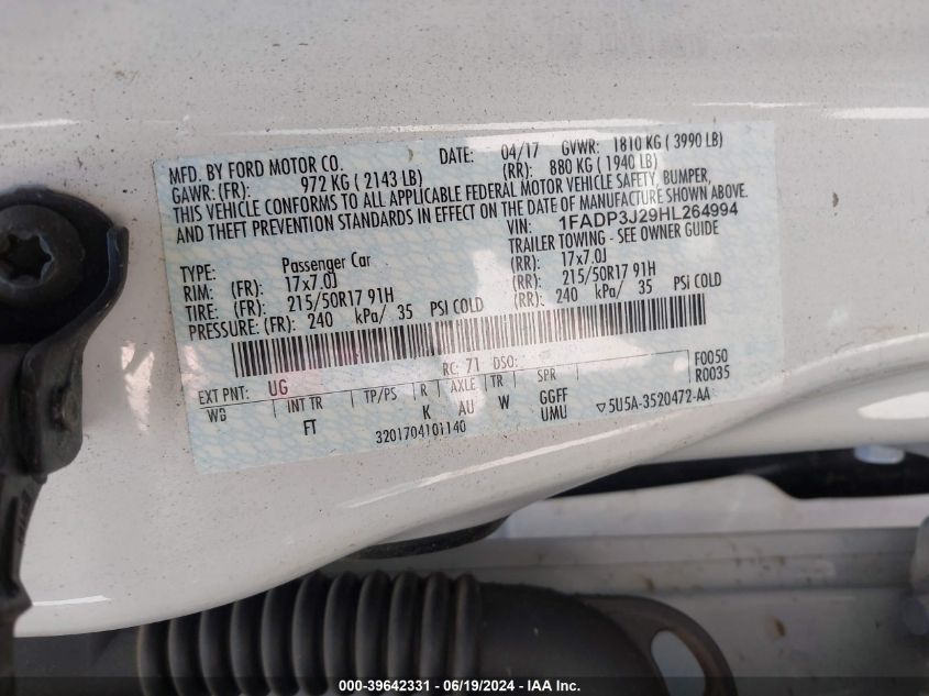 2017 Ford Focus Titanium VIN: 1FADP3J29HL264994 Lot: 39642331