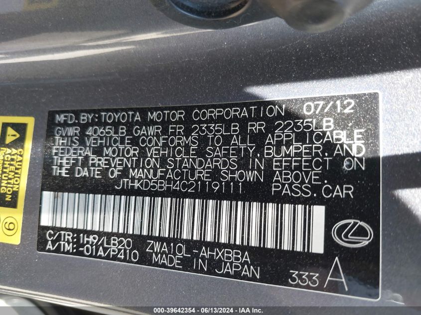 2012 Lexus Ct 200H Premium VIN: JTHKD5BH4C2119111 Lot: 39642354