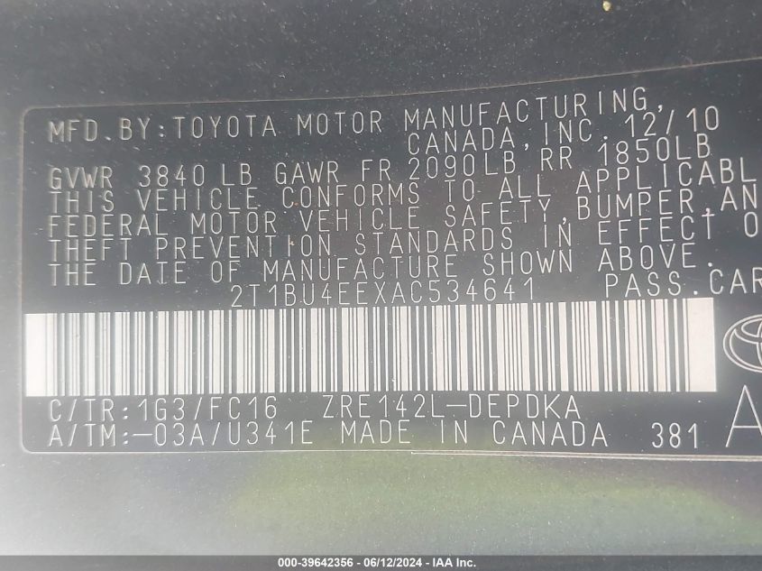 2010 Toyota Corolla Le VIN: 2T1BU4EEXAC534641 Lot: 39642356