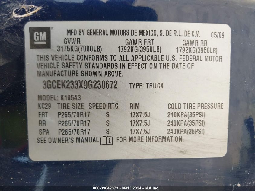 2009 Chevrolet Silverado 1500 Lt VIN: 3GCEK233X9G230672 Lot: 39642373