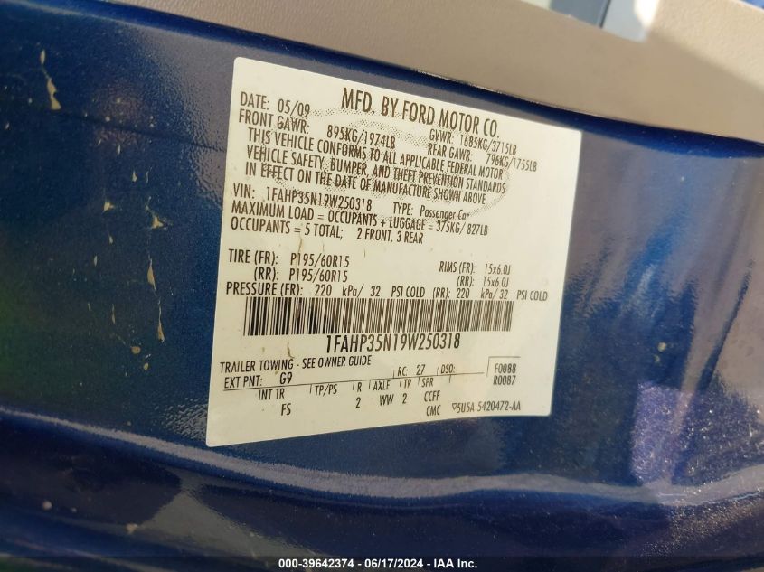 2009 Ford Focus Se VIN: 1FAHP35N19W250318 Lot: 39642374