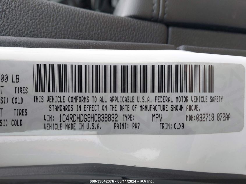 2017 Dodge Durango Gt Rwd VIN: 1C4RDHDG9HC838832 Lot: 39642376