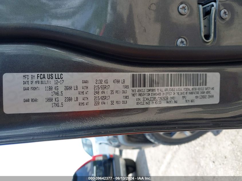 2018 Jeep Compass Trailhawk 4X4 VIN: 3C4NJDDB5JT262638 Lot: 39642377