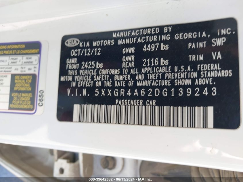 2013 Kia Optima Sx VIN: 5XXGR4A62DG139243 Lot: 39642382