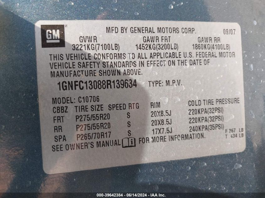 2008 Chevrolet Tahoe Ltz VIN: 1GNFC13088R139634 Lot: 39642384