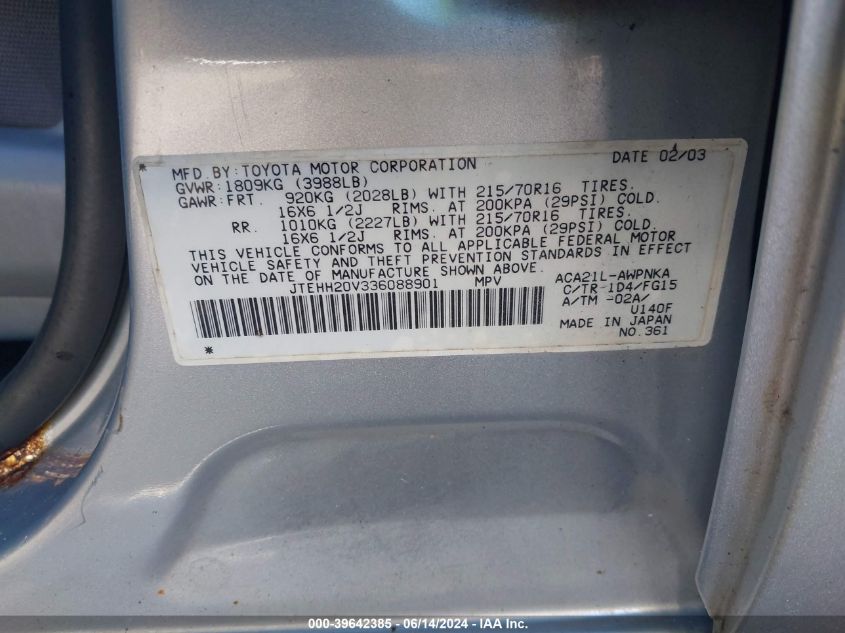 2003 Toyota Rav4 VIN: JTEHH20V336088901 Lot: 39642385